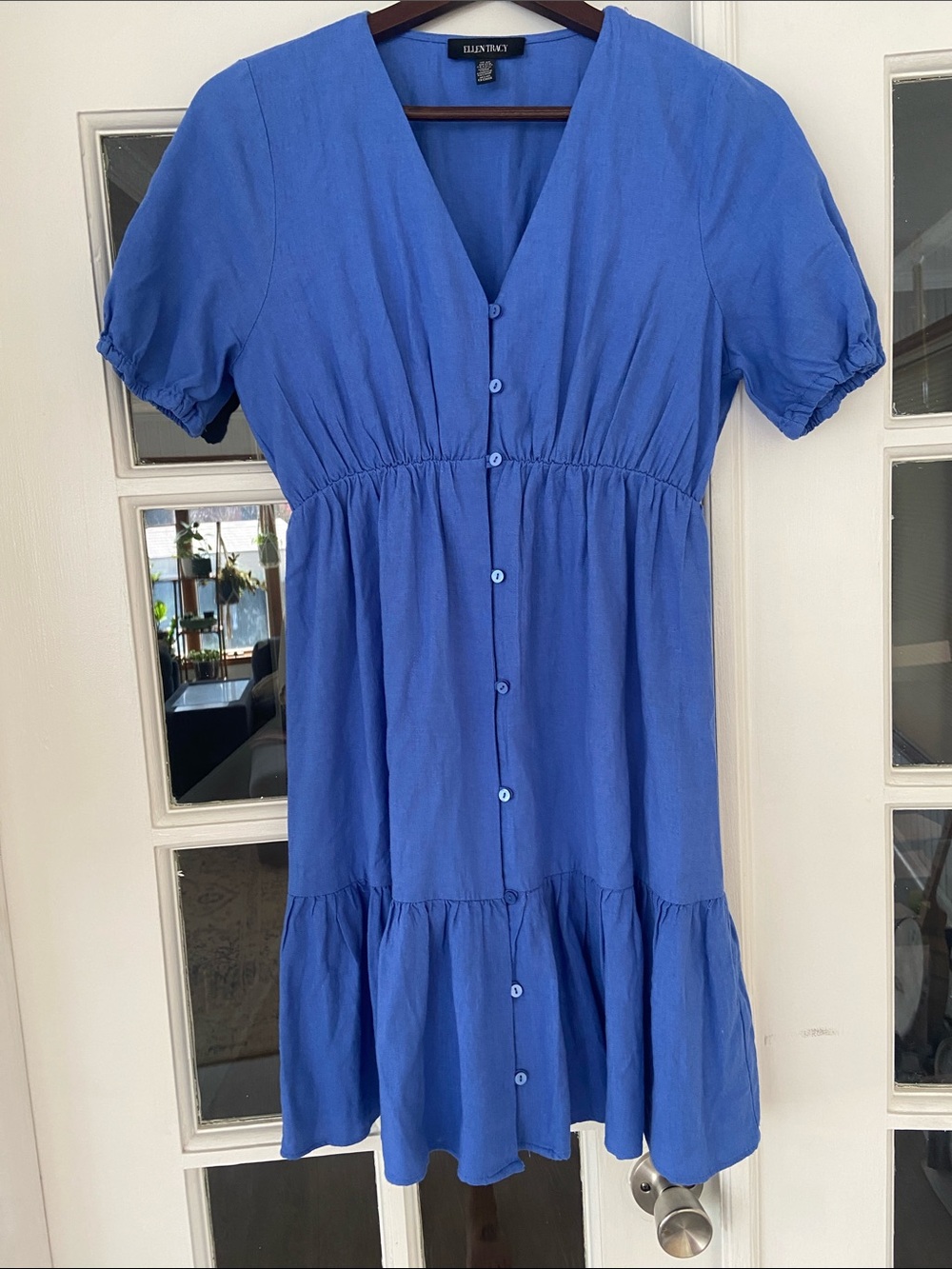 Ellen Tracy Cobalt Linen Blend V-Neck Button-Front Tiered Dress